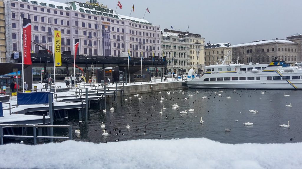 Svanar, båtar, vatten, snö och Grand Hotel i Stockholm.