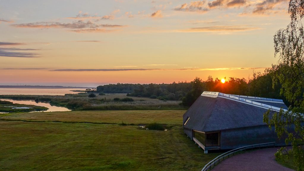 Klockan 06:18 avtecknar sig solens orange klot i trädtopparna ovanför Naturums vasstak.
